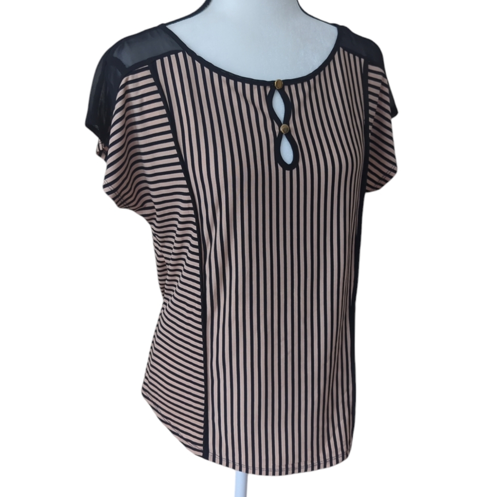 Atelier 29 Striped Double Keyhole Mesh Shoulder Blouse MEDIUM Black Tan